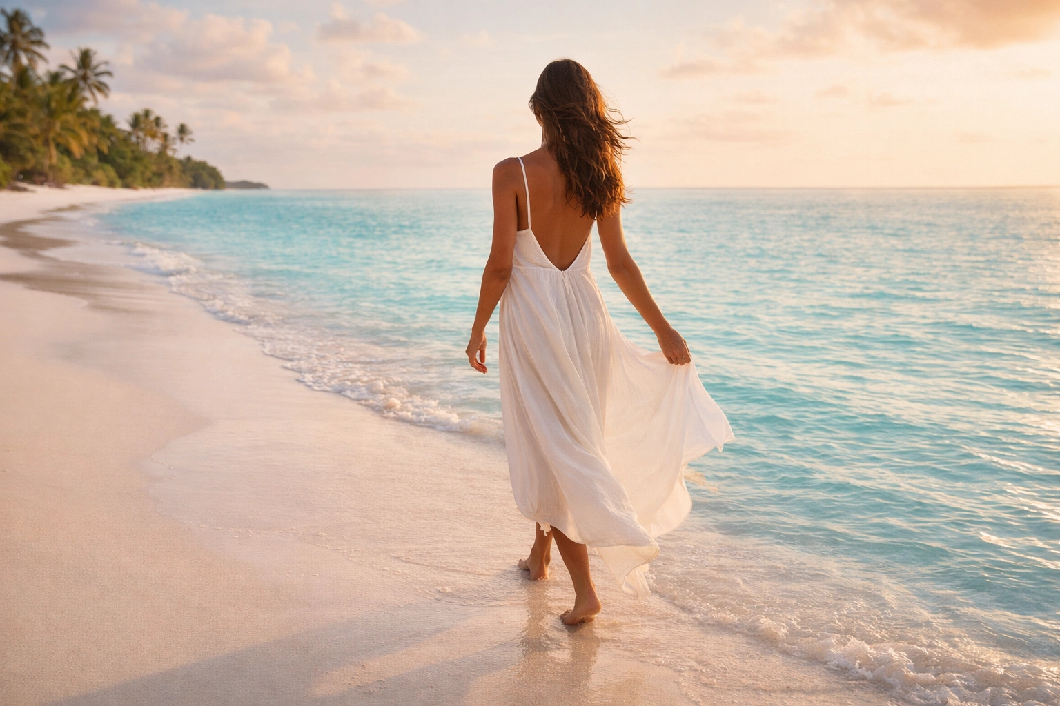 Woman walking on tropical beach at golden hour